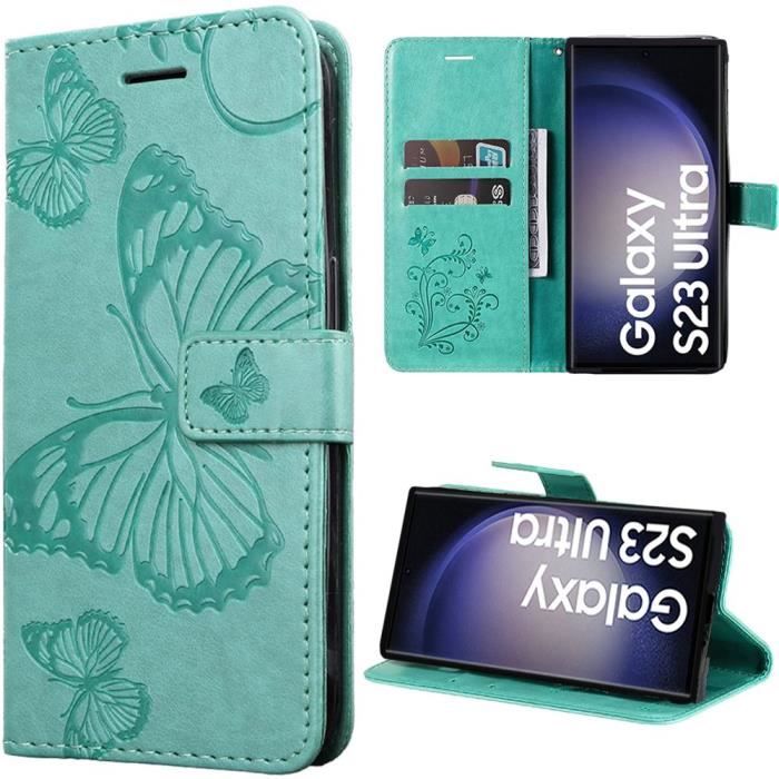 Coque de protection - BOOLING - pour Samsung Galaxy S23 Ultra - Cuir PU Vert - Motif Papillon - Support intégré
