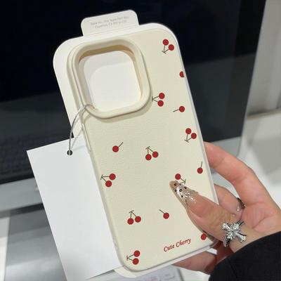 Niedliches kleines Kirschmuster Schlanke Ledertextur Hülle für iPhone 17 Air 17 Pro Max 16 15 14 13 Weiche TPU Stoßfest Matte Handyhülle