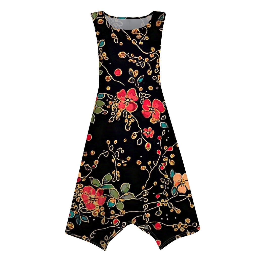 Women's Casual Fashion Round Neck Sleeveless Floral Print Irregular Hem Midi Dress