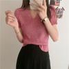 Grey V-neck Short Sleeved T-shirt for Women's Summer Thin Design Sweet and Spicy Girl Slim Fit Short Knitted Top