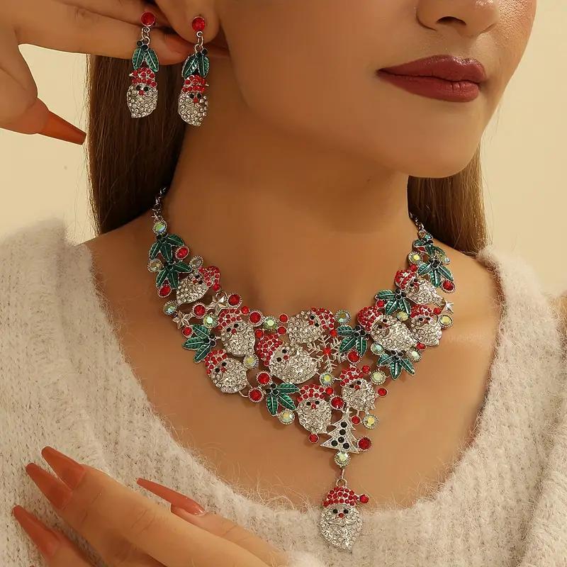 

3 шт./набор Элегантный Милый Рождественский Цирконовый Набор, Подвеска-Колье в виде Рождественского Венка Санты со Стразами + Серьги для Женщин Модные Цирконовые Подарки 50cm медный