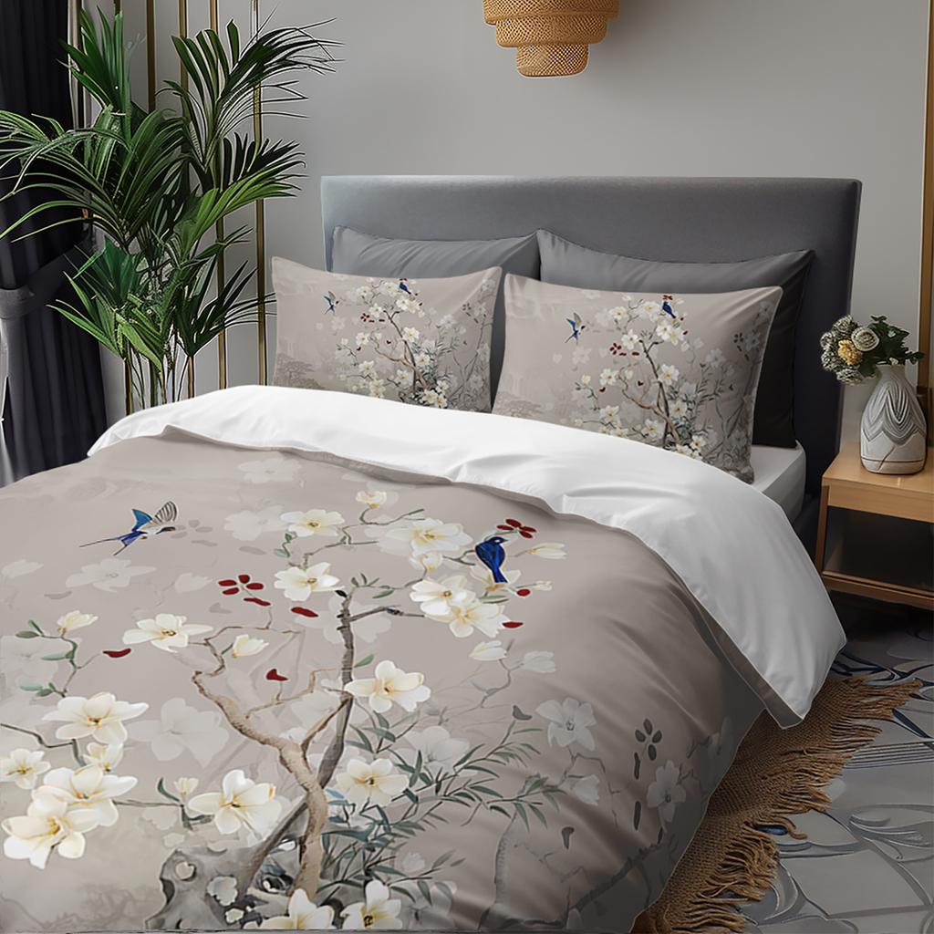 3pcs Elegant Blossom Bird Bedding Duvet Cover Set Japanese Style Bedding Quilt Set Soft Spring Themed Bed Quilt Set Grey Floral