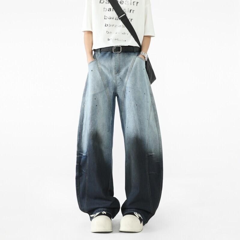 Spring new men's jeans American high street personality gradual change loose casual wide leg trousers