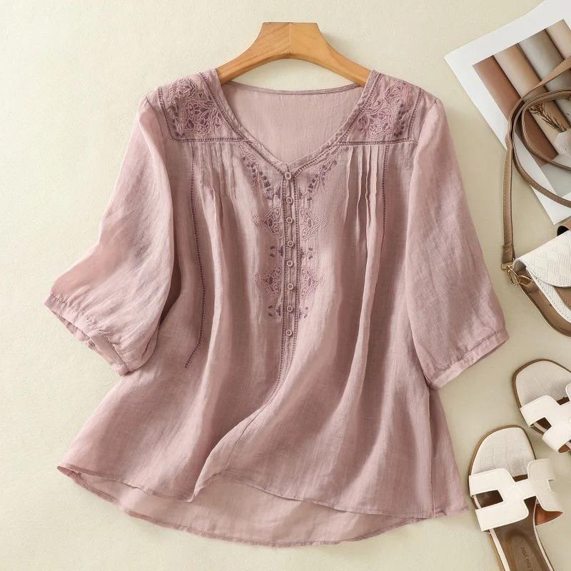 Shirt for Women Spring Summer V-neck Shirt Top Women Loose National Style Pullover Tops Half Sleeve Blouse Female