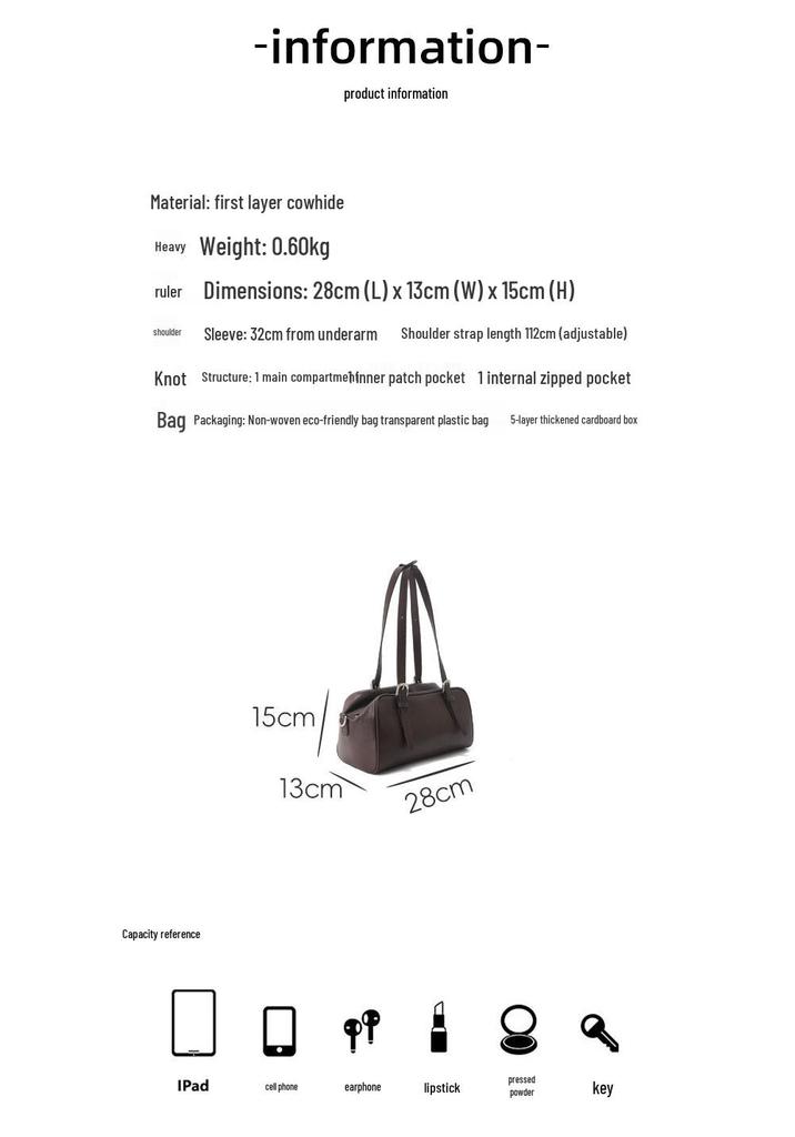 2026 Early Spring Genuine Leather Boston Bowling Bag - Top Layer Cowhide, Underarm Tote & Single Shoulder Pillow Handbag
