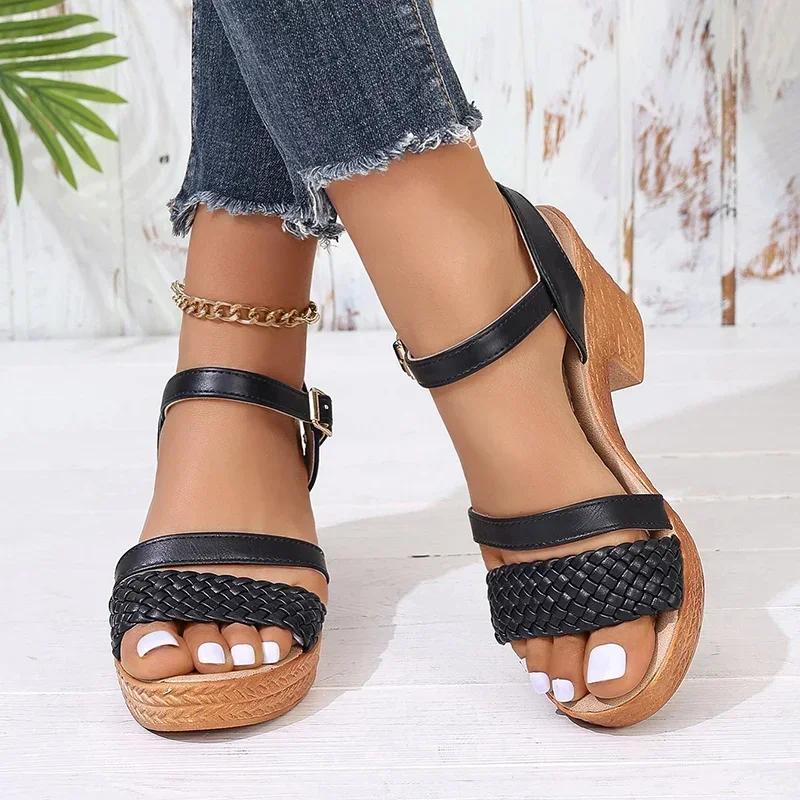 Fashion Women Sandals White Chunky Heeled Sandals Women Summer 2025 Braid Band Gladiator Sandals Woman Ankle Strap Casual Platform Shoes