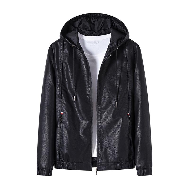 Fleece Men's Leather Jacket, Leather Jacket, Hooded Slim Korean Motorcycle Casual Jacket