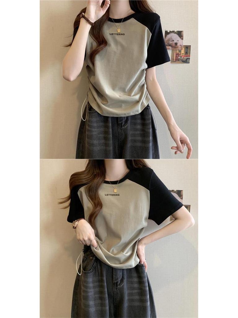 Plus Size Summer Crew Neck Print Drawstring Short Sleeve Slimming T-Shirt for Women