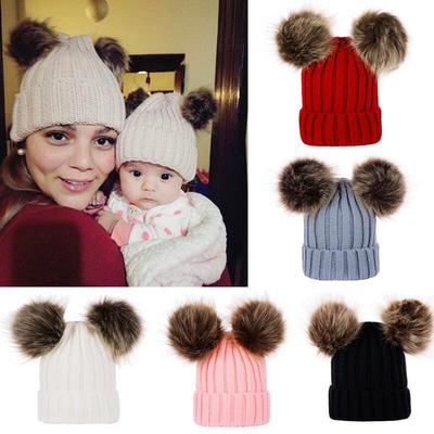Autumn & Winter Women's Parent-Child Knit Wool Hat with Double Pom-Poms