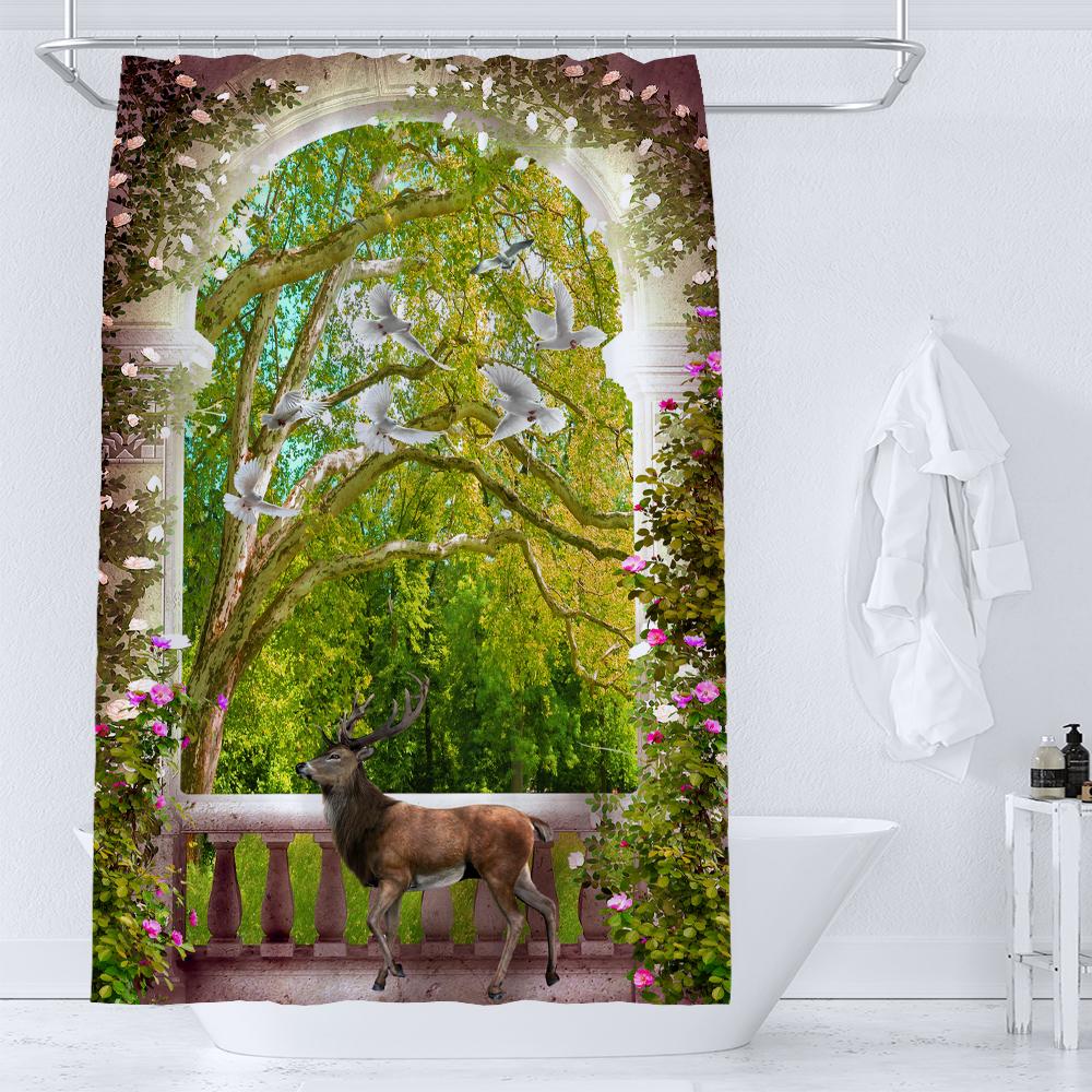 1 Pcs Forest Pattern Polyester Material Shower Curtain Waterproof Fabric, Partition Curtain For Bathroom,Home Decoration Curtain