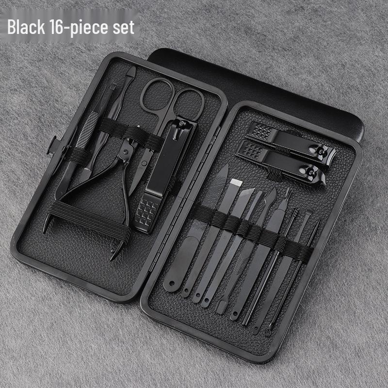 Black Stainless Steel Nail Care Set: 18-Piece Manicure Kit with Clippers, Scissors, Blackhead Remover, Pedicure Knife, and Beauty Pliers.