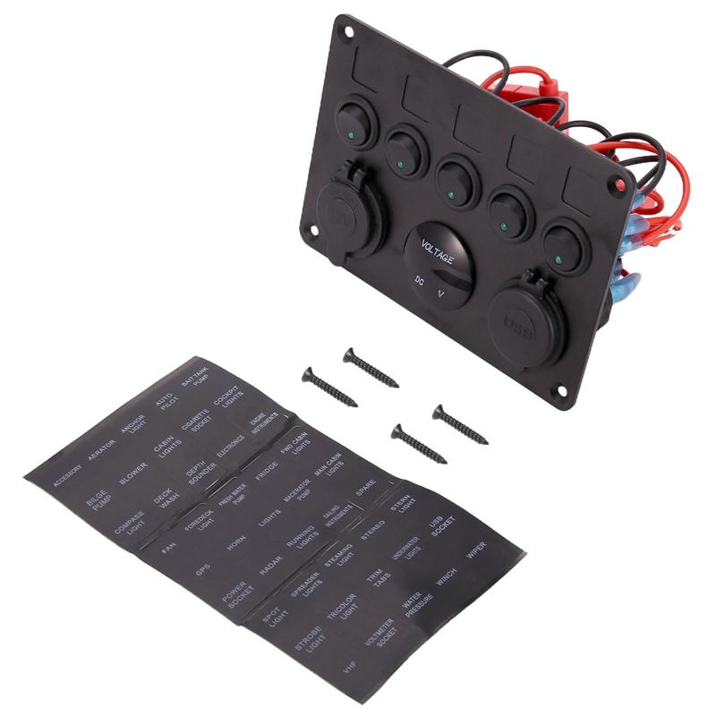 SXR-5 Gang 12V/24V Inline-Fuse Box LED Switch Panel Dual USB Car Boat Truck Camper