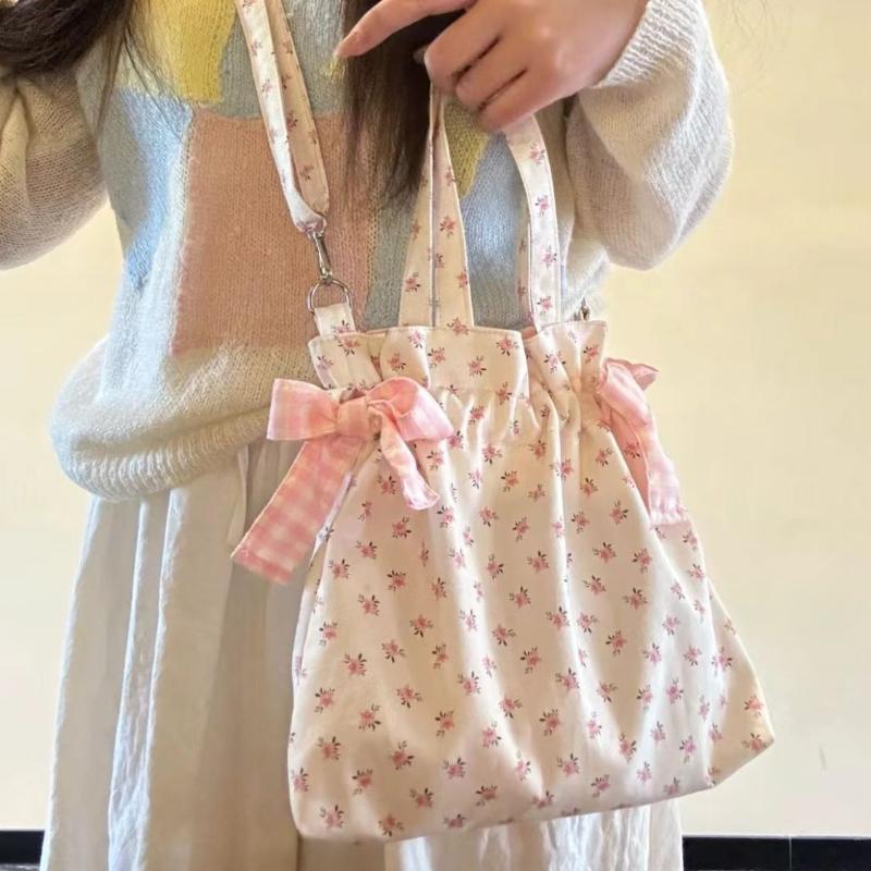 Cute Floral Print Handbag 3-in-1 Versatile Storage Shoulder Bag With Bow Decor Ruffle Edge Design Women Pink Crossbody Phe Bag