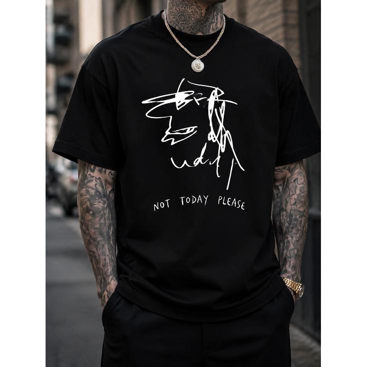 Men s Black Graphic T-Shirt With Abstract Face Print And Not Today Please Slogan, Crew Neck Short Sleeve Casual Streetwear Top S