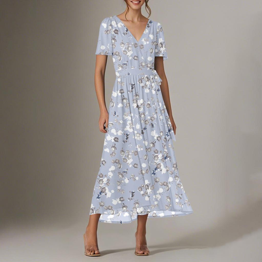 Women's Summer Floral Bohemian Dress Wrap V Neck Short Sleeves Ruffle A-Line Flowy Maxi Dress Summer Dresses For Women