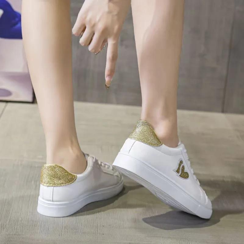 Women's Shoes New Fashion Golden Love Small White Shoes Women Lace-up Comfortable Women's Casual Single Shoes  De Mujer