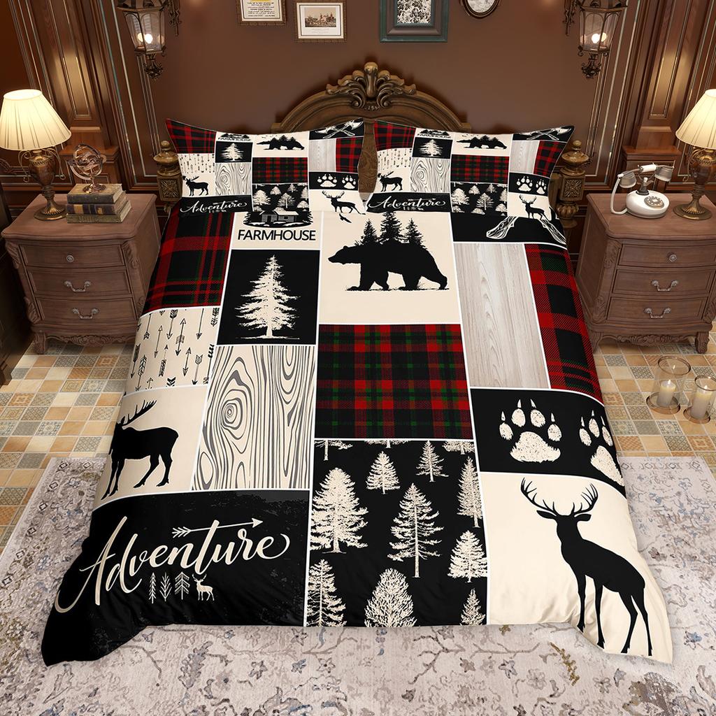 Homewish Rustic Farmhouse Plaid Duvet Cover Set Moose Bear Checkered Bedding Set Retro Cabin Lodge Comforter Cover Set