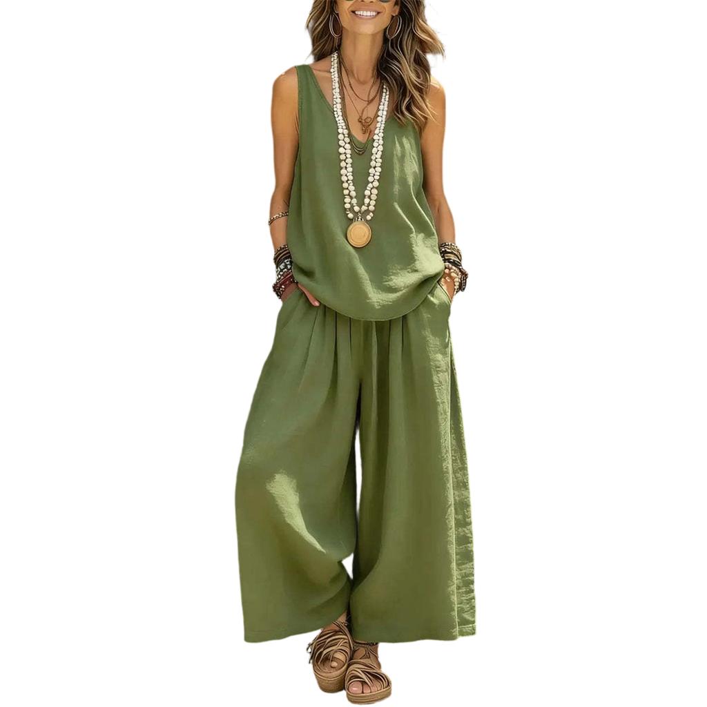 Women's Ccasual Sleeveless Vest And Wide Leg Pants Cotton Linen Set