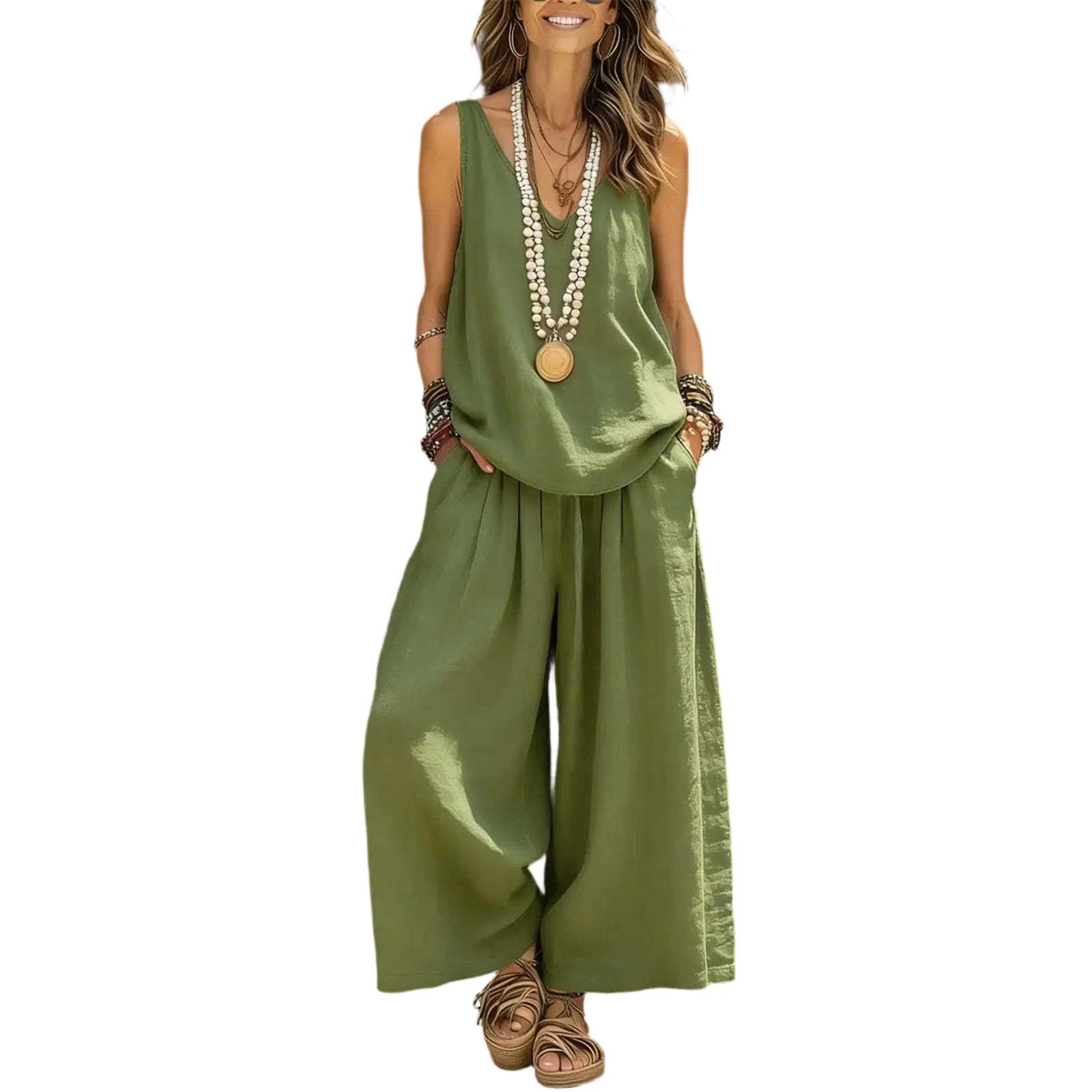 Women s Ccasual Sleeveless Vest And Wide Leg Pants Cotton Linen Set S зелёный