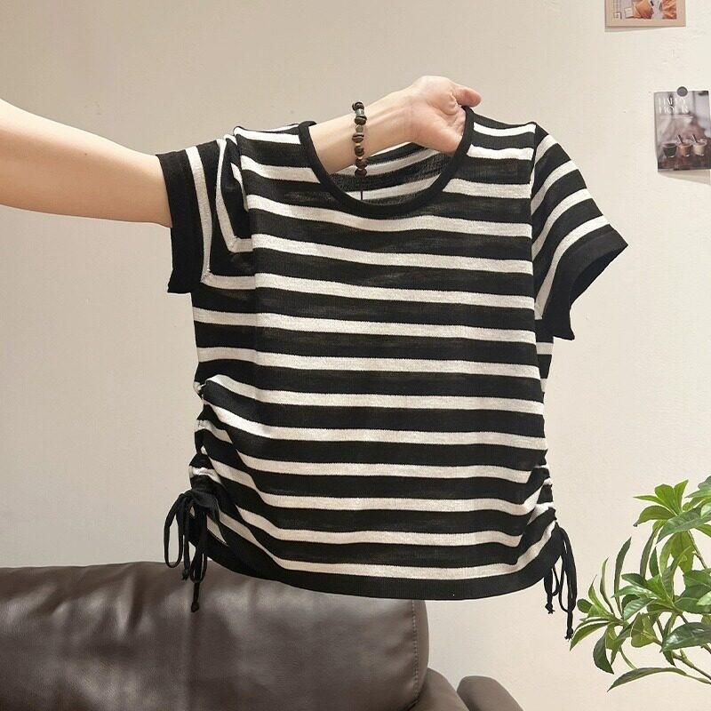 Yellow Striped Knitted Short-sleeved T-shirt Women's 1116 New Summer Pleated Waist Design Drawstring Spice Top