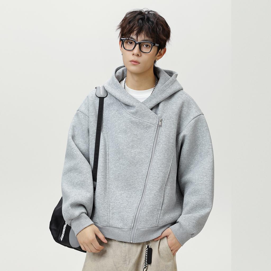 Herren S Locker Kurz Weite Silhouette Kapuzenpullover Freizeit Diagonal Reißverschluss Oberbekleidung