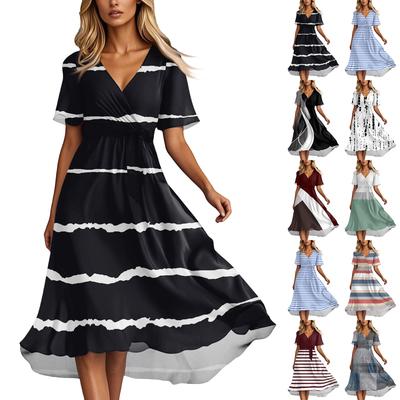 Women's Summer Fashion V-Neck Flared Dress Short Sleeve Striped Geometric Dresses