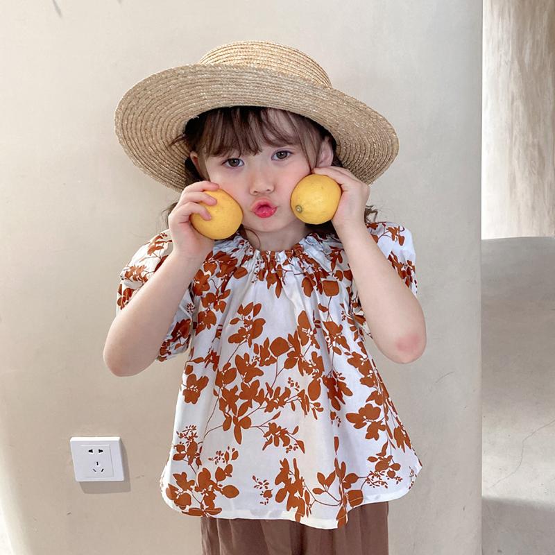 Kids Girls Puff Sleeve Top Barn Lövtryck Kortärmad Blus