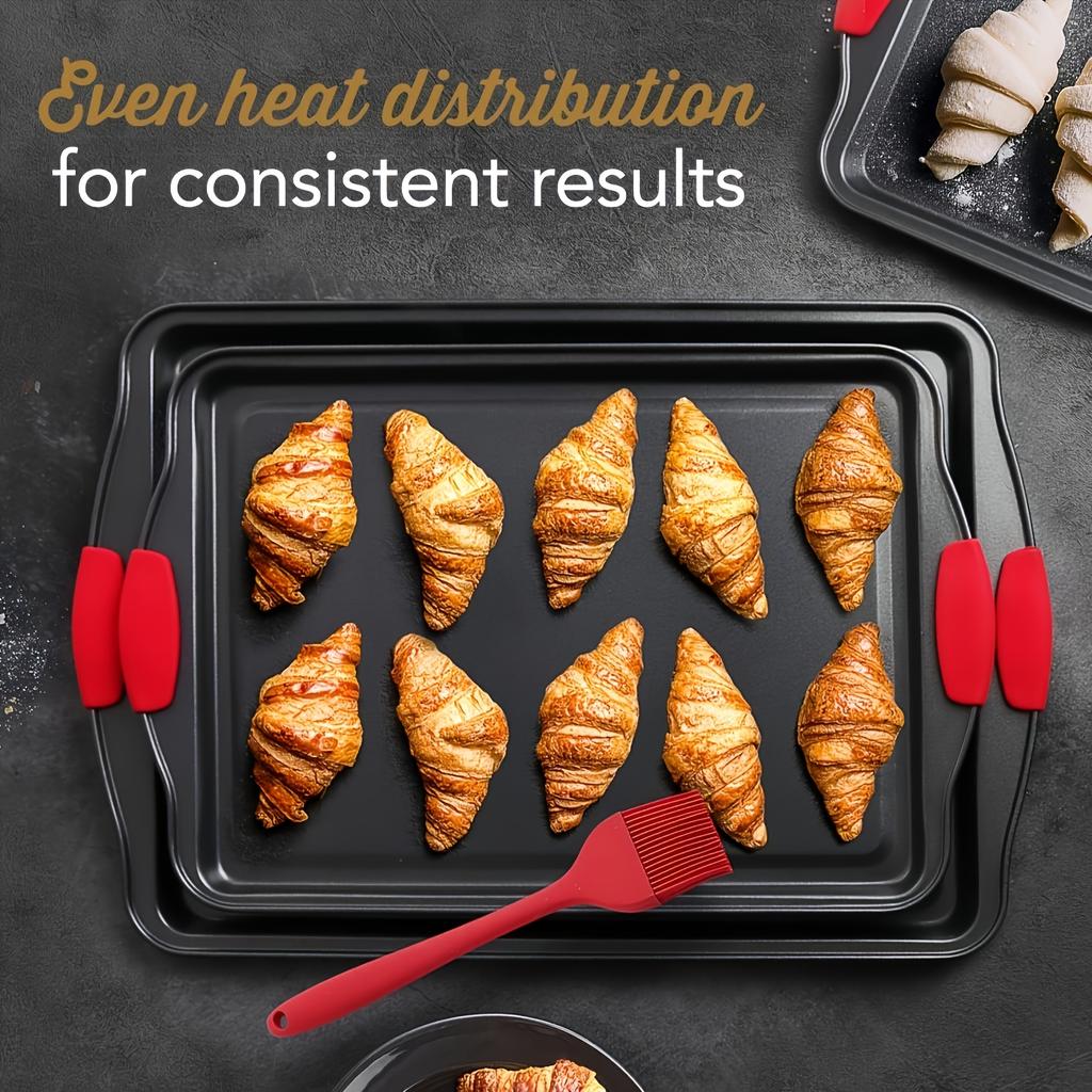 1pc Non-stick Baking Tray | Carbon Steel, Heat-resistant, with Red Silicone Handle, Easy to Clean, Suitable for Cookies, Cakes, and Bread | Brand: LDQ