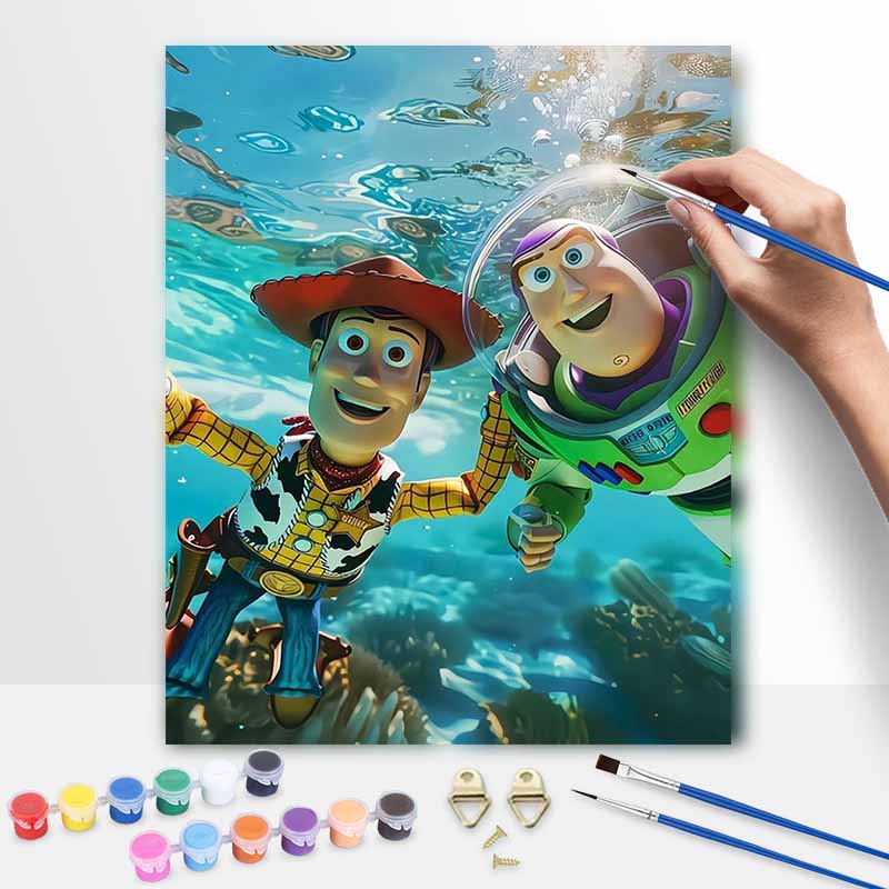 Disney Oil Painting DIY Digital Painting Woody and Buzz Underwater HandPainted Wall Art for Living Room and Entryway Decor.