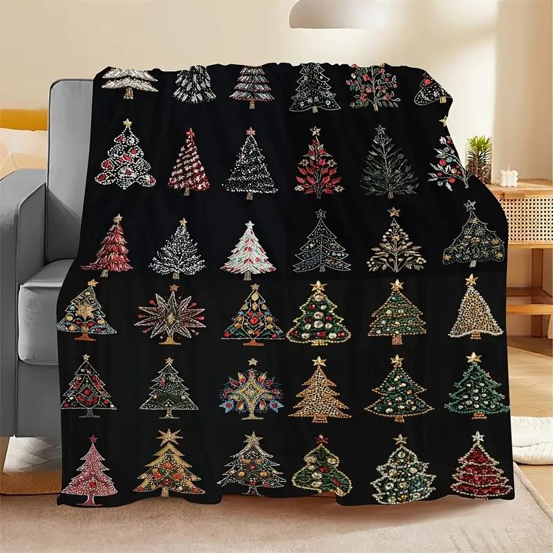 Cozy black Christmas tree pattern flannel blanket suitable for bed, office, home, camping, sofa, Halloween and Christmas