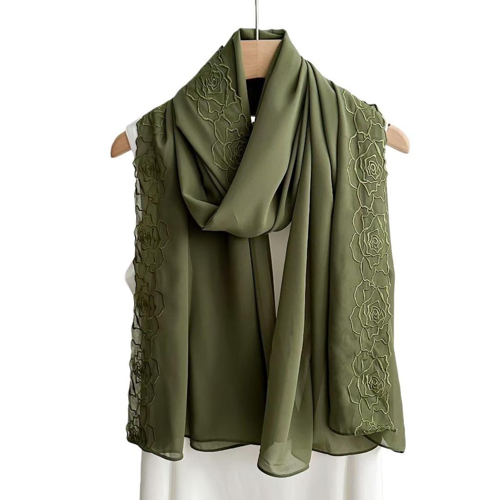 Sciarpa da Donna in Chiffon Monocolore con Grande Ricamo Floreale – Versatile Sciarpa di Seta & Protezione Solare