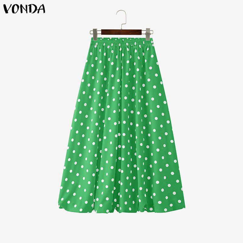 

VONDA Vintage Women Polka Dots Print Loose Casual Long Swing Skirts Pleated Dress 5XL зелёный