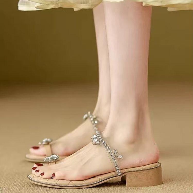 Beautiful rhinestone flower outer women's sandals 2025 summer new French set toe thick heel exquisite with skirt slippers