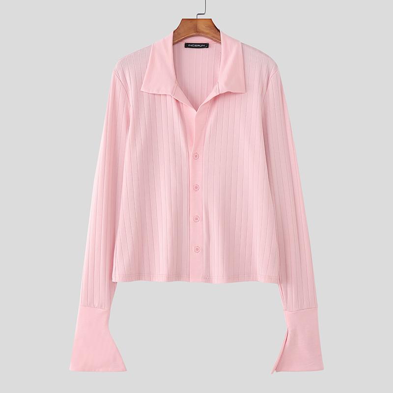 

INCERUN Autumn Men Lapel Neck Long Sleeve Ribbed Casual Fitted Cropped Tops Undershirts S розовый