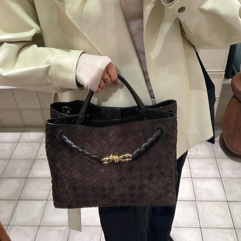 Suede Woven Bag, Hand Bag, Women's Bow Metal Buckle, Large Capacity Commuter Shoulder Messenger Tote Bag