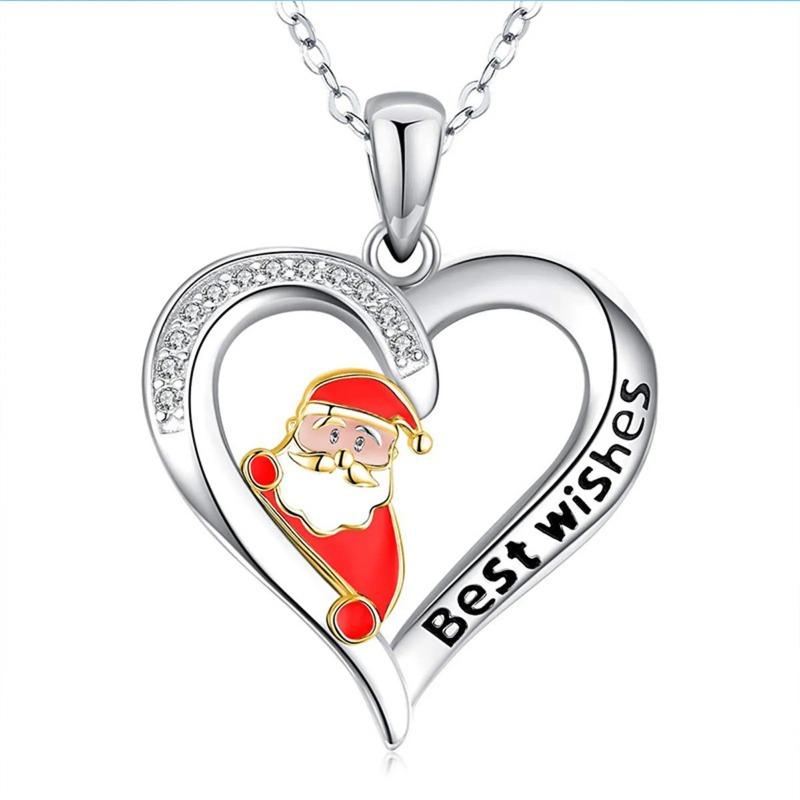 Santa Elk Love Heart Necklace For Women Trendy Clavicle Chain Temperament Hanging Neck Jewelry Dainty Necklace Christmas Gifts