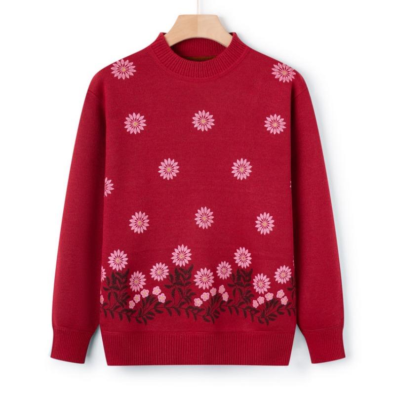 Mom Autumn Warm Sweater Elderly Autumn and Winter Integrated Fleece Knitted Sweater Grandma Fleece Thickened Casual Top