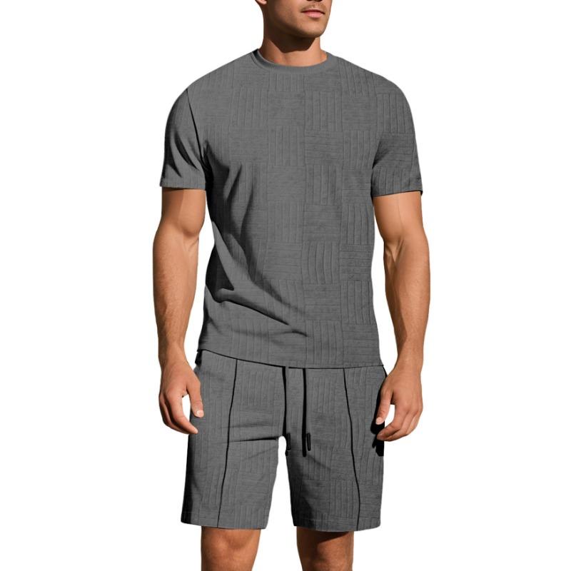 

Men s Casual 2 Piece Textured Grid Knit Outfit Crew Neck Short Sleeve T-shirt & Elastic Waist Drawstring Shorts Loungewear Set Navy Blue S сірий колір