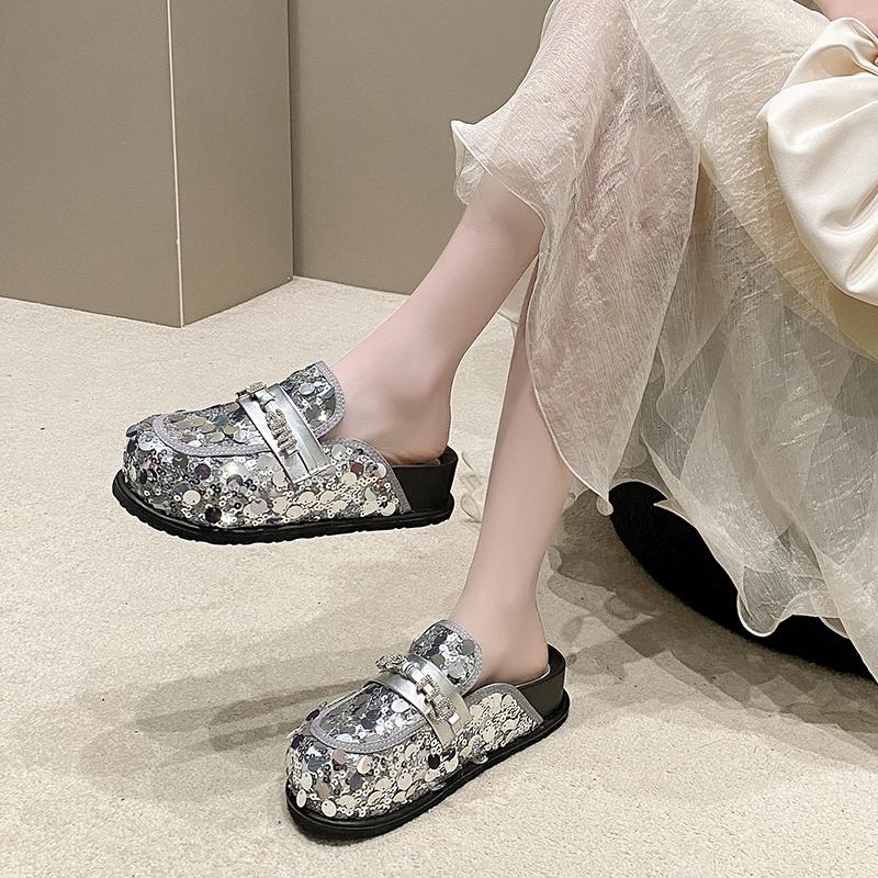 Fashion Bling Platform Mules Slippers Women Flat Sandals Casual Loafers Shoes Woman 2025 Trend Comfort Elegant Dress Summer Slides Mujer