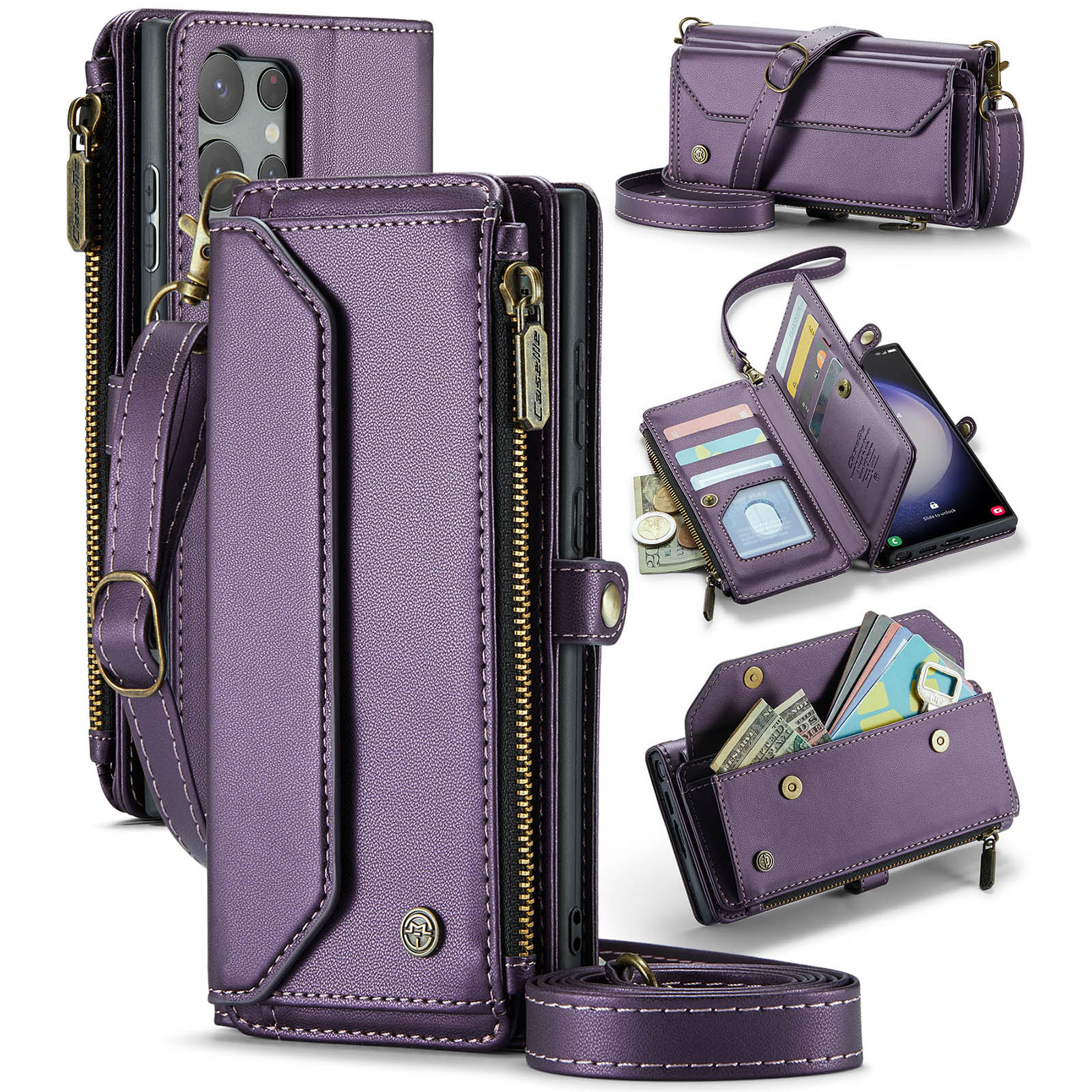 

For Samsung Galaxy S23 Ultra Leather Case CASEME C36 Zipper Multiple Card Slots Phone Cover with Straps Purple