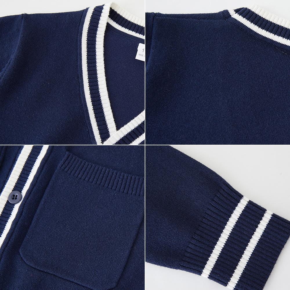 Parent-child Outfit Contrast Color Pockets Medium and Large Children's Knitted Cardigan College School Uniform Girls Sweater Jacket