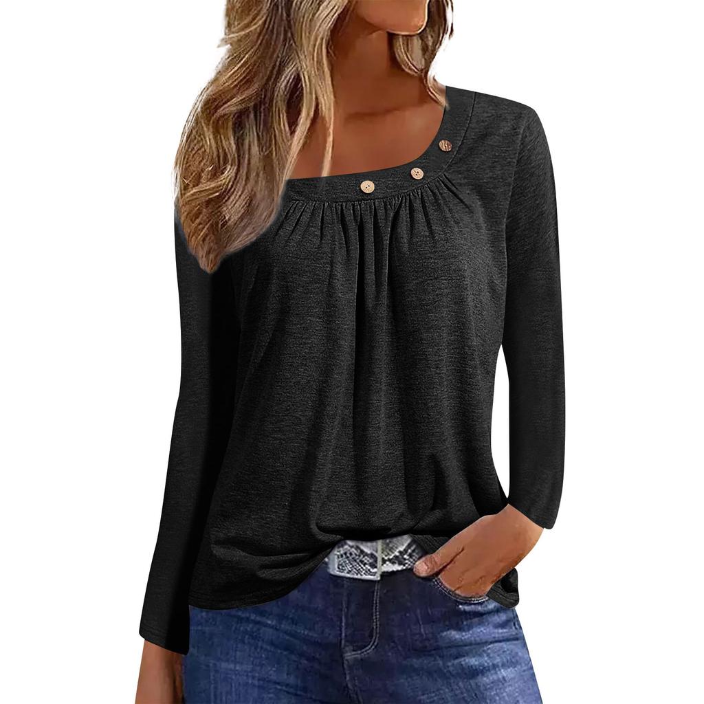 Long Sleeve Blouses For Women Casual O-Neck Button Down Shirt Solid Blouse Tops Loose Fit Fall Shirt Top