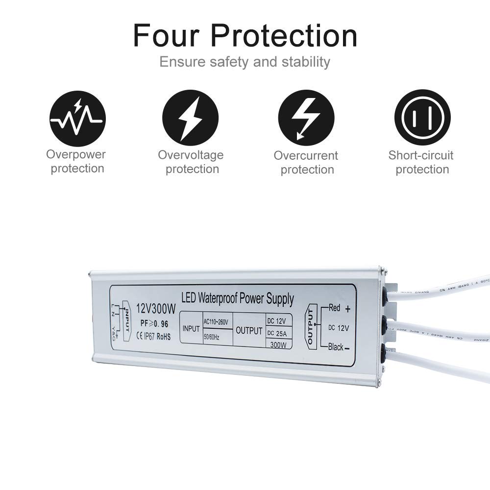 inShareplus 12V Power Supply, 300W IP67 Waterproof LED Power Supply, AC 110-260V to DC 12 Volt 25A Low Voltage Transformer, LED Driver with 3-Prong
