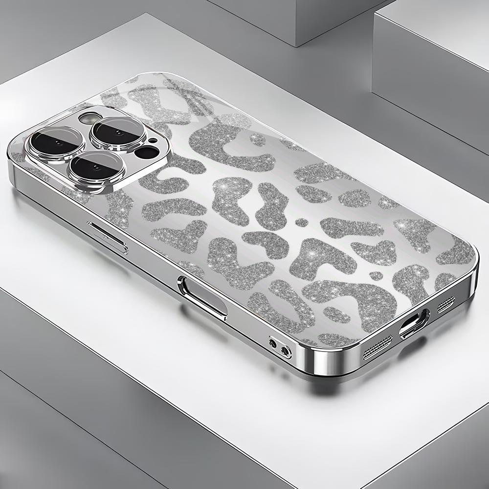 Sparkling leopard print silver plated glass phone case suitable for iPhone 17 16 15 14 13 12 11 Pro/Max/Plus scratch resistant