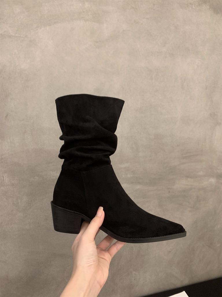 High heel pointed suede khaki thin French small short boots women's shoes 2025 new stacking boots spring and autumn single boots