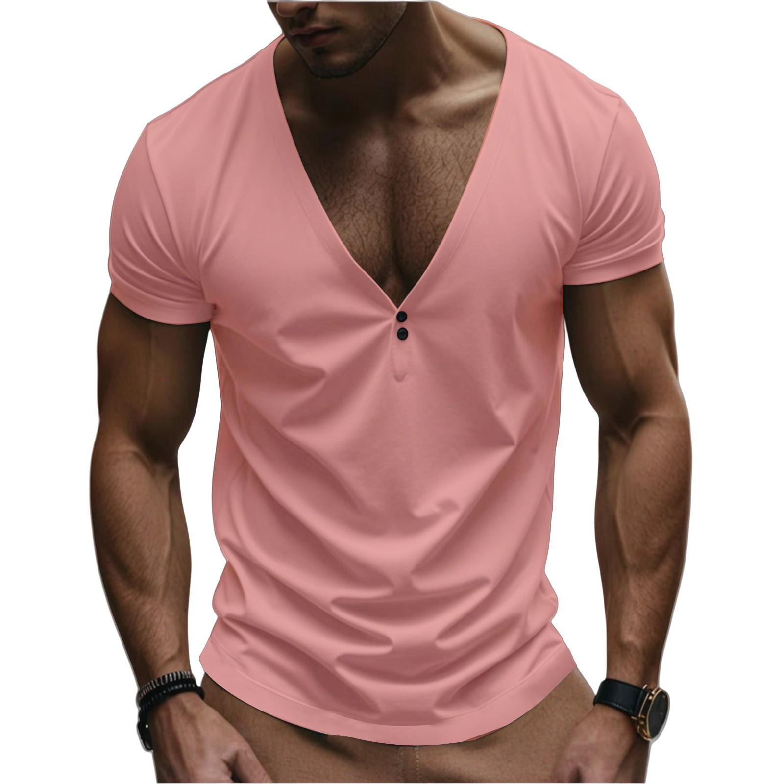 Herren Tiefes V-Ausschnitt Slim Fit T-Shirt mit Knopfleiste, Lässiges Kurzarm-Tee für einen Stilvollen Sommer-Look, Rot XL rosa