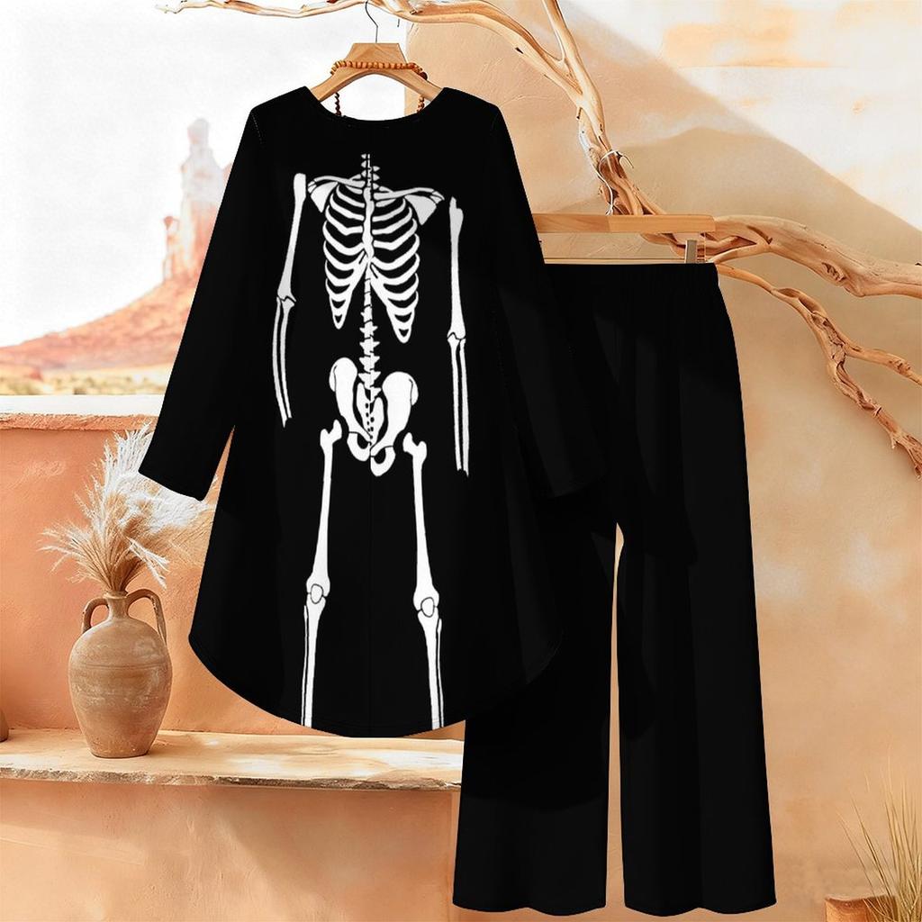 Halloween Print Two Piece Outfit Women Long Sleeve Irregular Hem Tunic Top Wide Leg Pants Casual Matching Set