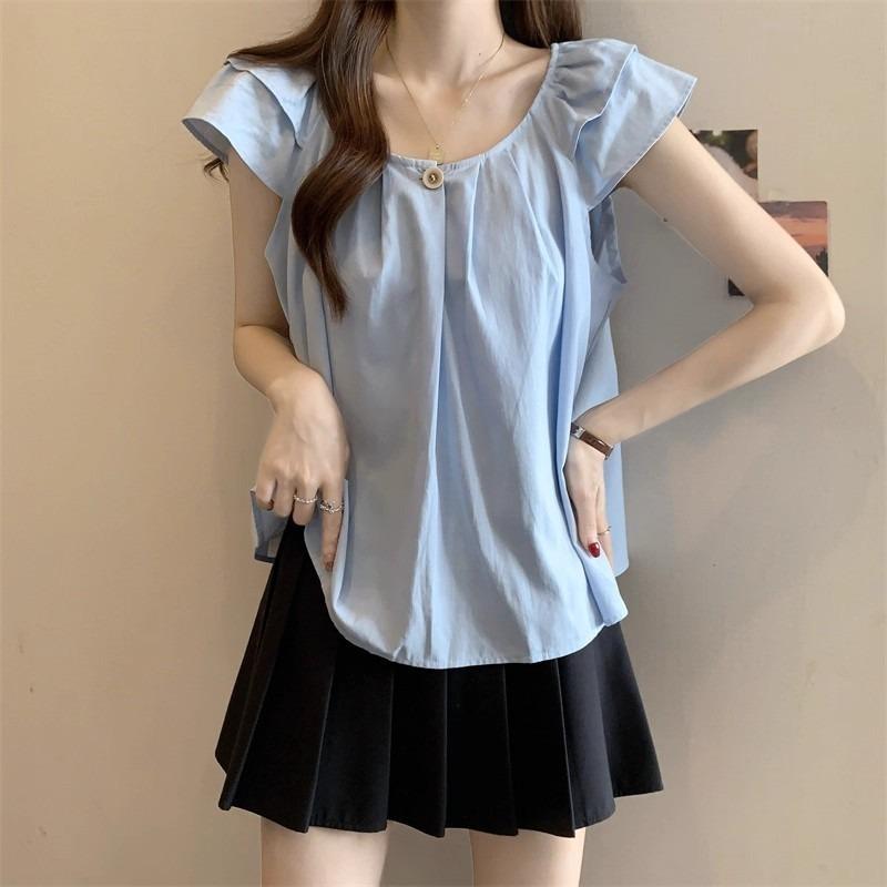 Women Summer New Loose Fit Blue Pleated Baby Doll Ruffle Sleeve Casual Blouse Shirt