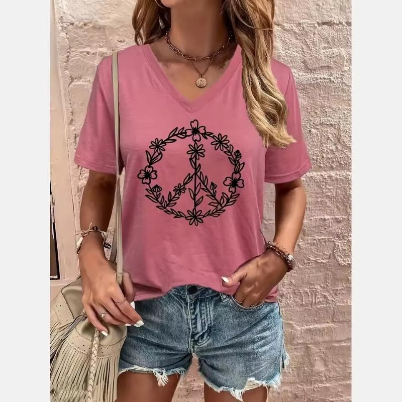 Sommer V-Ausschnitt Damen T-Shirt Friedenssymbol 3D-Druck Lässig Kurzarm Oversized Damenbekleidung Mode Straße Damen T-Shirts