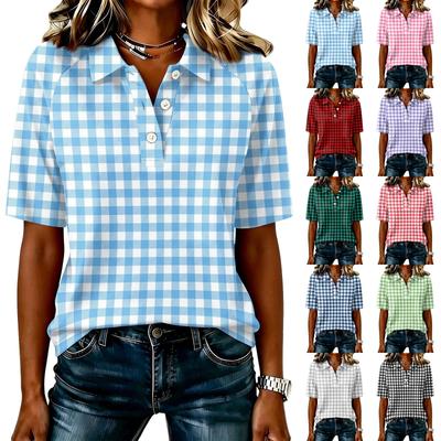 Women's Casual Plaid Print Top with Patchwork Sleeves Button Down Collar Short Sleeve Shirt for Everyday Wear